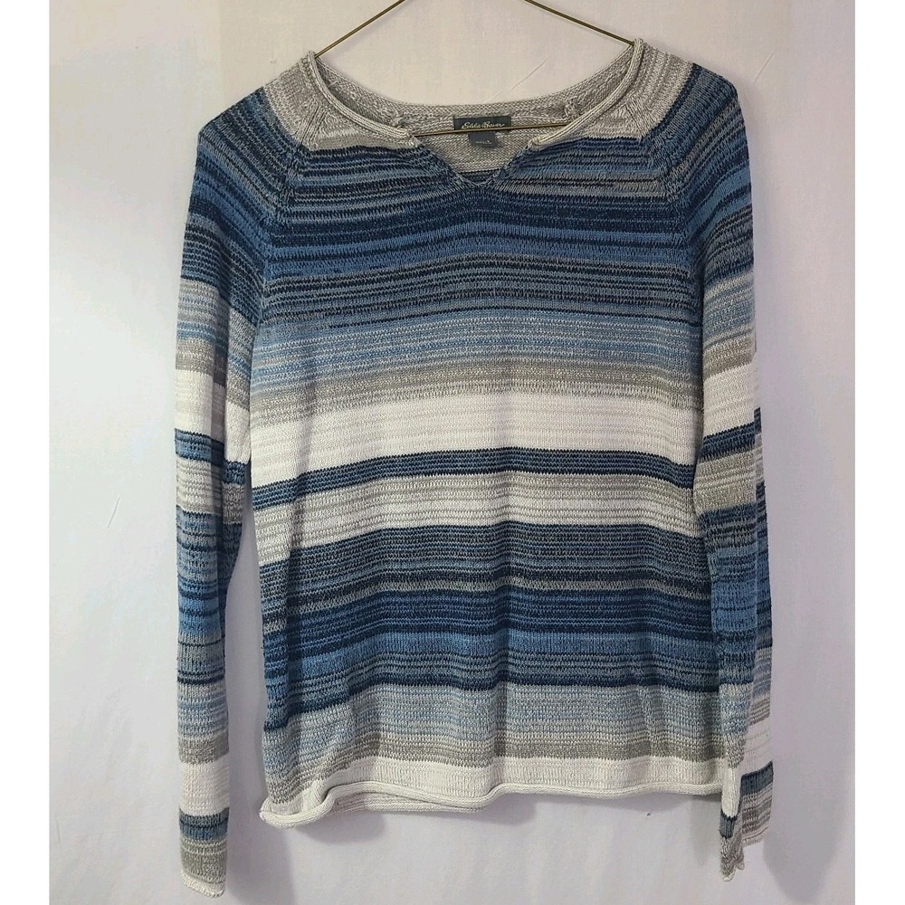 Eddie Bauer Sweater Womens Small blue gray stripe knit shirt roll neck outdoor
